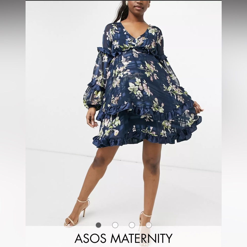 ASOS DESIGN Maternity floral printed mini dress with satin trim detail in blue